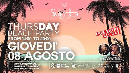 Thurs-DAY Beach Party From 14 to 20 Free Entry - La Suerte